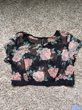 Sheer Floral Crop Top - Black with Peach Roses